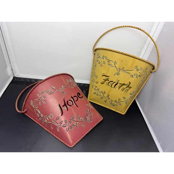 Metal Wall Decor door Bucket Hope Faith Floral Cutout Planter Holder Set of 2 - Picture 1 of 11